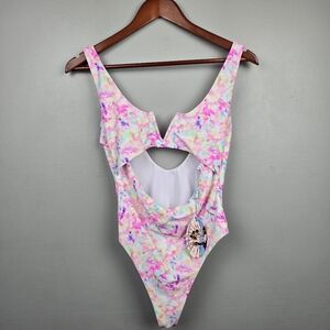 Bingo Surf V Front One Piece Cut-out Swimsuit Pink Tie-dye Womens Size L Beach